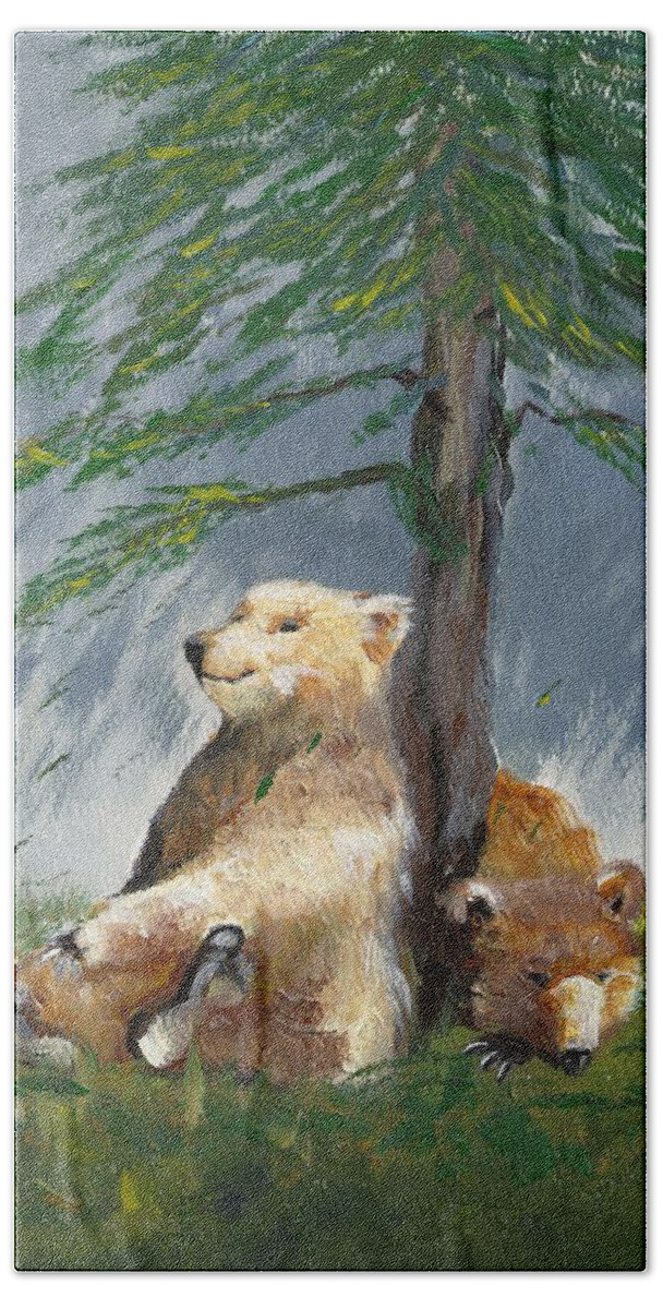 Bear Beach Towel featuring the painting Bears and Tree by Karen Ferrand Carroll