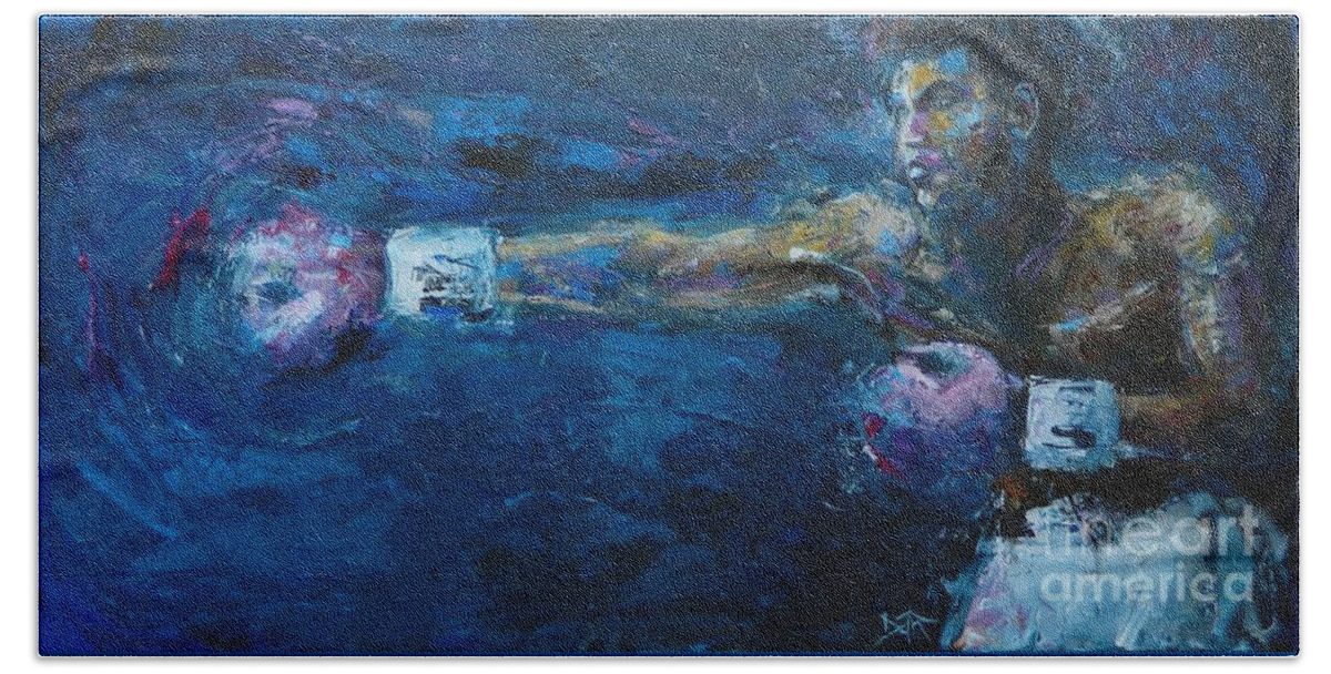 Muhammad Ali Beach Towel featuring the painting Beautiful Fighter by Dan Campbell
