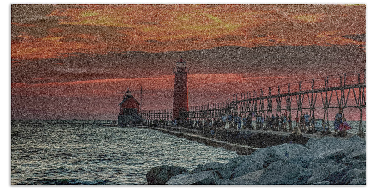 Grand Haven Pier Beach Towel featuring the photograph Sunset at Grand Haven Pier by Pat Cook