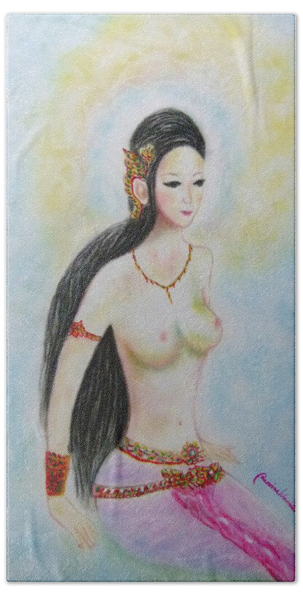  Beach Sheet featuring the painting Beautiful lady by Wanvisa Klawklean