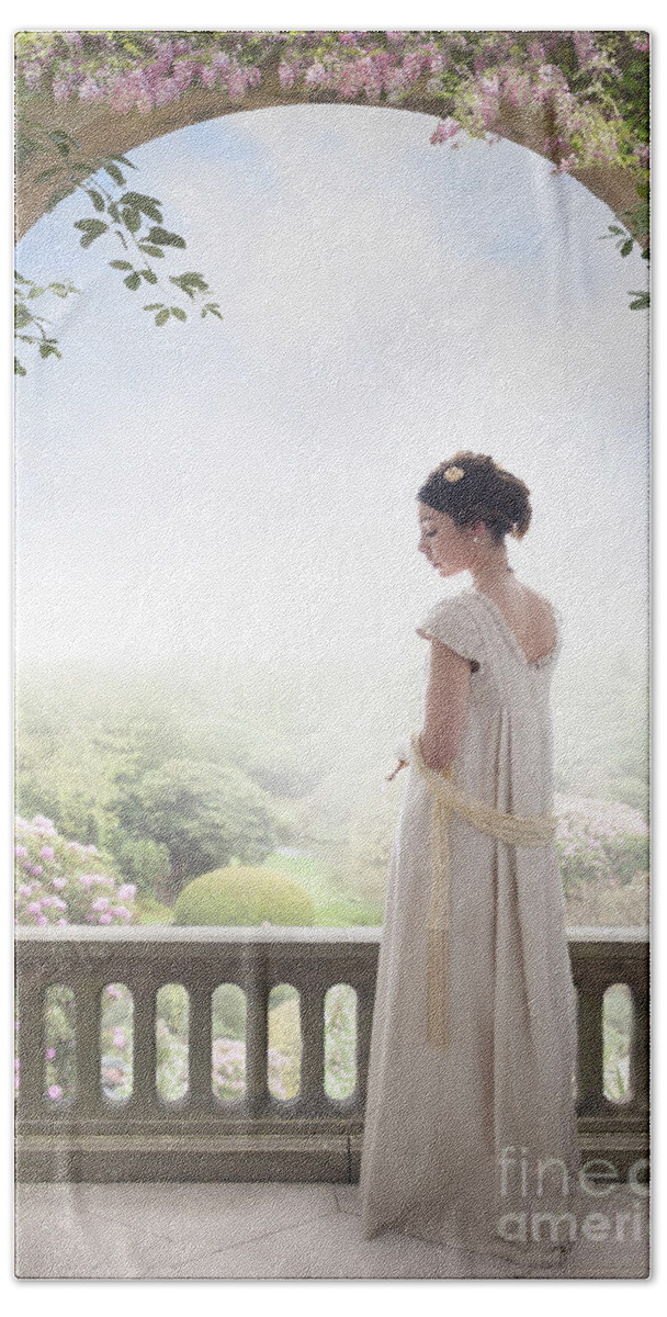 Regency Beach Sheet featuring the photograph Beautiful Regency Woman Beneath A Wisteria Arch by Lee Avison
