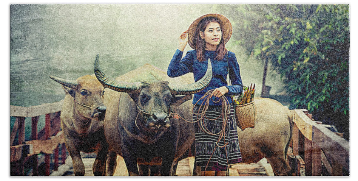 Asia Beach Towel featuring the digital art Beauty And The Water Buffalo by Ian Gledhill