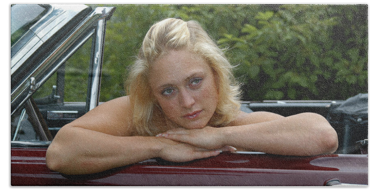 Model Beach Towel featuring the photograph Beauty in a Convertible by Mike Martin