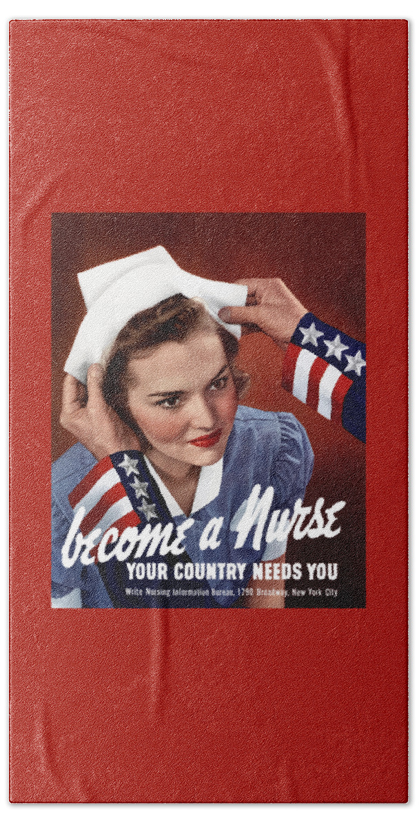 Uncle Sam Beach Towel featuring the painting Become A Nurse -- WW2 Poster by War Is Hell Store