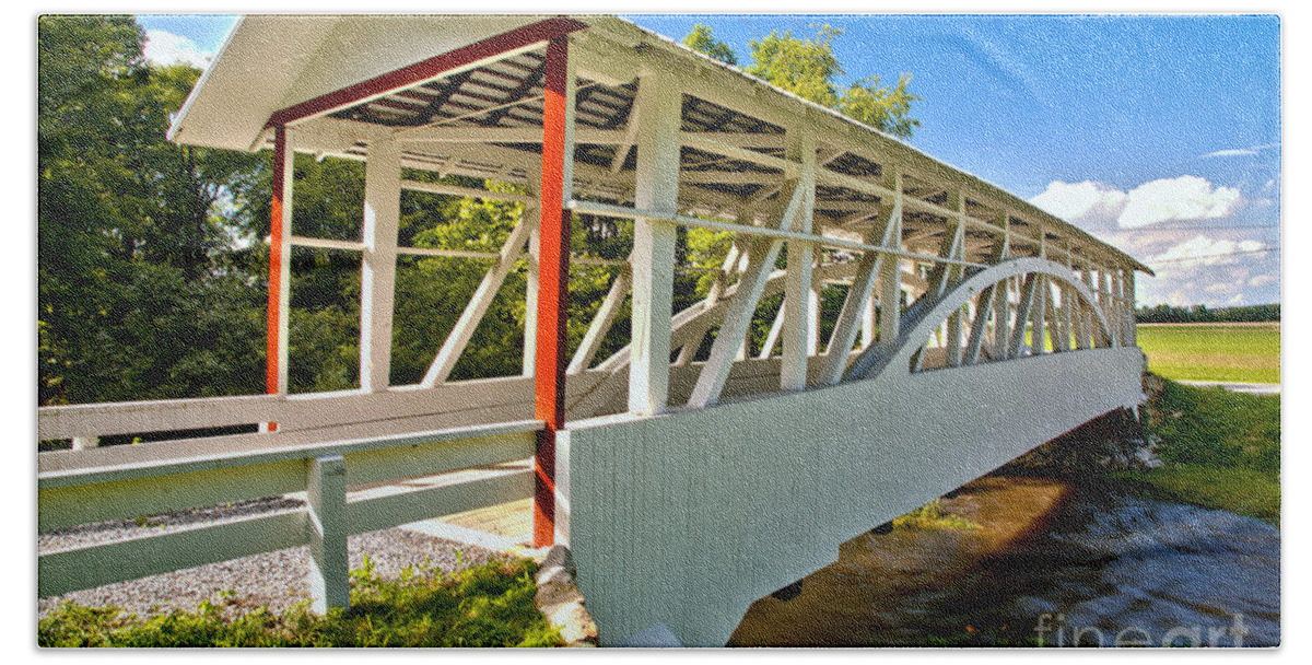 Bowser Coverd Bridge Beach Towel featuring the photograph Bedford Osterburg Covered Bridge by Adam Jewell