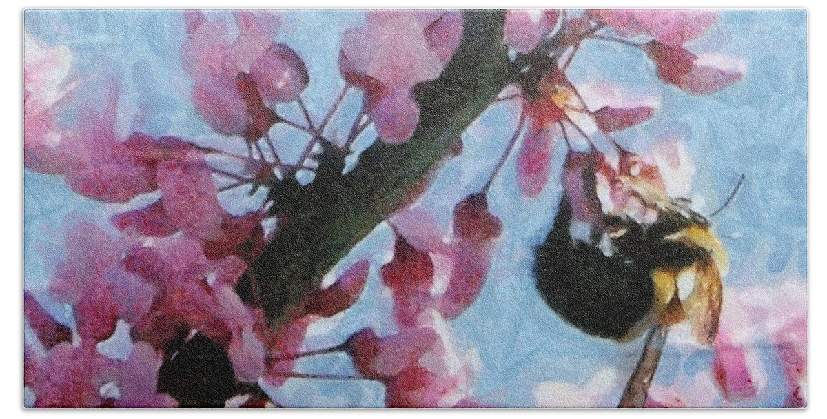 Bee Beach Towel featuring the painting Bee to the Blossom by Jeffrey Kolker