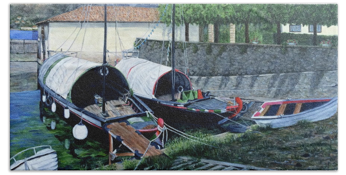 Bellagio Beach Towel featuring the painting Bellagio Boats by Bonnie Peacher