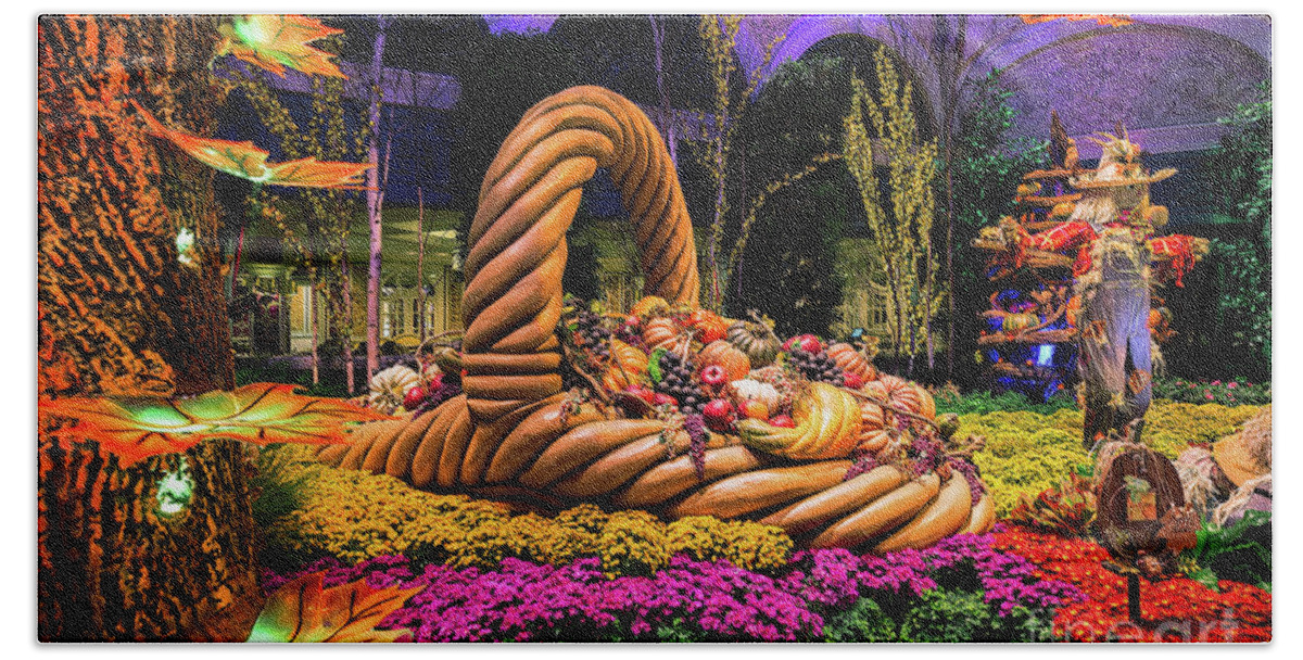 Bellagio Conservatory Beach Sheet featuring the photograph Bellagio Harvest Show Basket and Scarecrow 2016 by Aloha Art