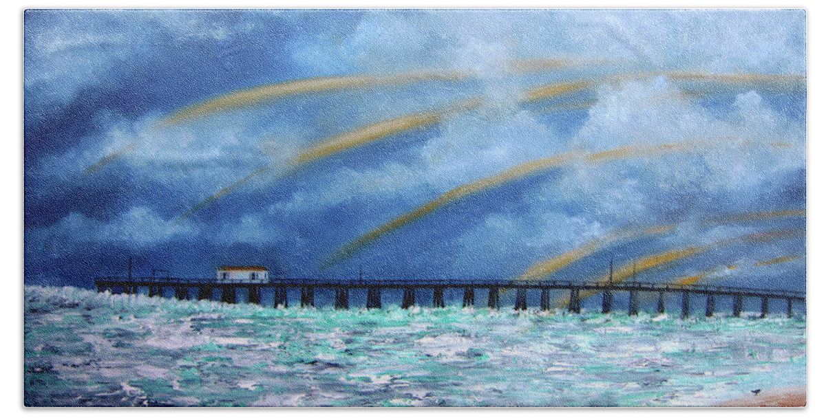  Beach Sheet featuring the painting Belmar's Fishing Pier by Leonardo Ruggieri