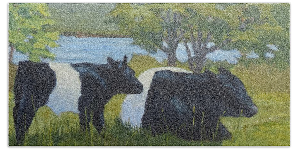 Belted Galloway Beach Sheet featuring the painting Belted Galloway and Calf by Bill Tomsa