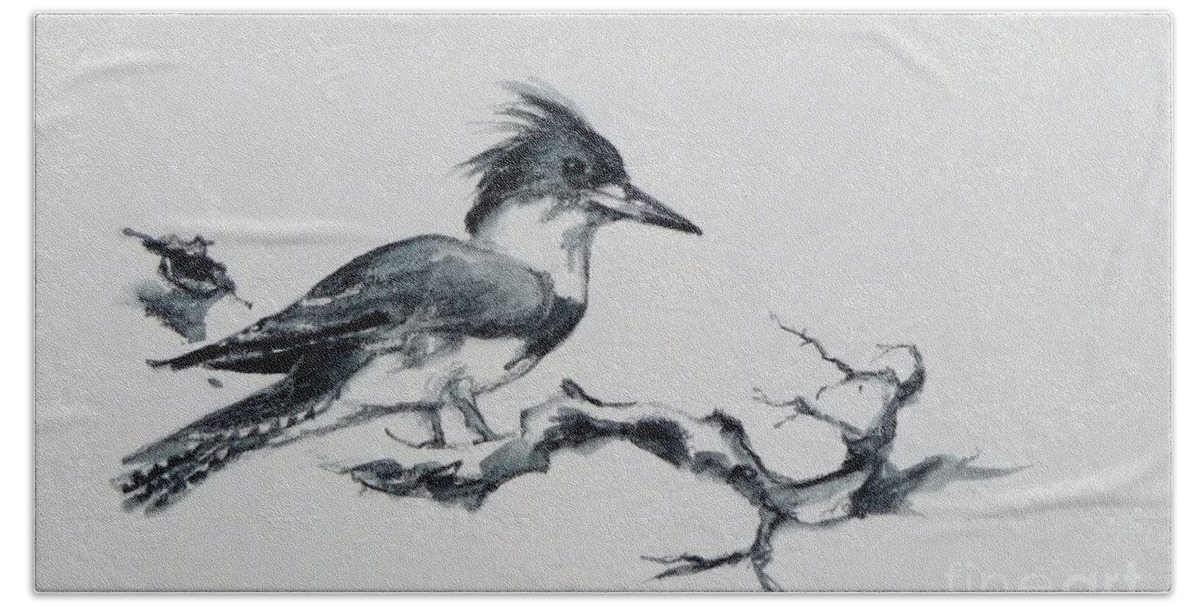 Belted King Fisher Kingfisher Water Bird Wetlands Colorado Wildlife Beach Towel featuring the painting Belted King Fisher by Cheryl Emerson Adams