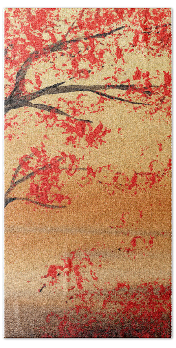 Red Beach Towel featuring the painting Bending Tree Abstract by Irina Sztukowski