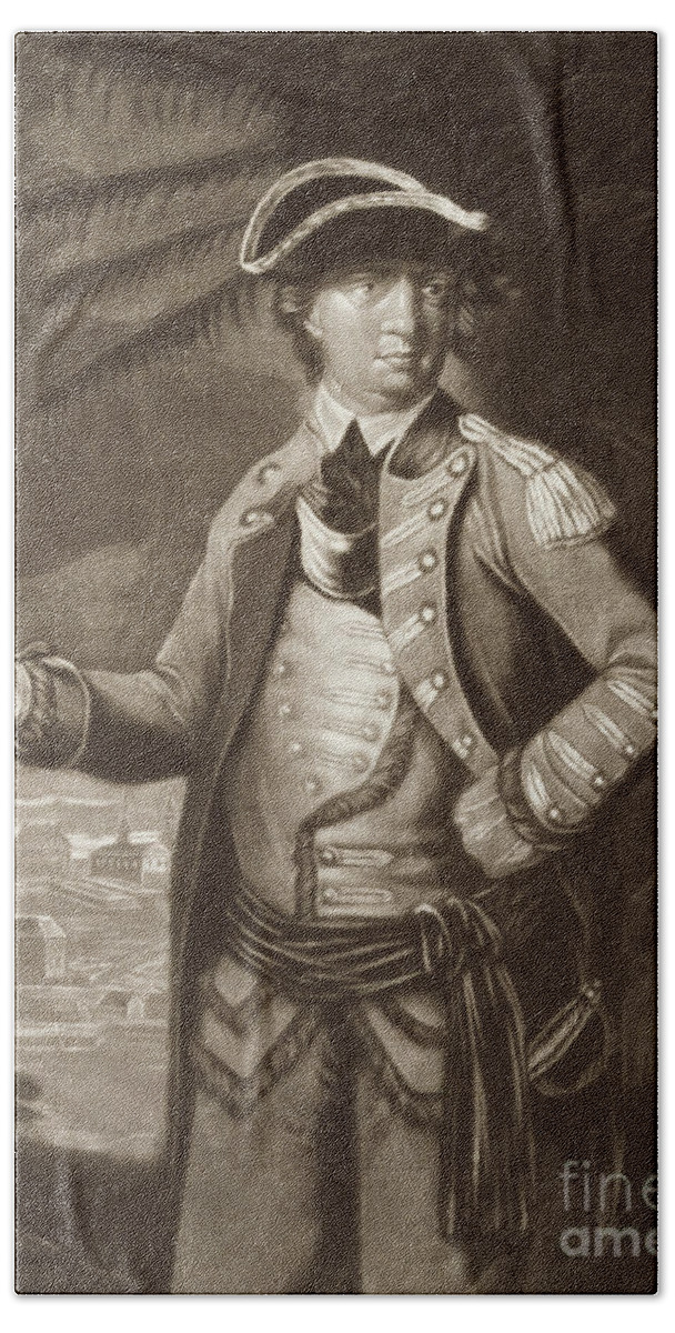 Benedict Arnold Beach Towel featuring the drawing Benedict Arnold, after a portrait of 1766 with Quebec in the background by English School