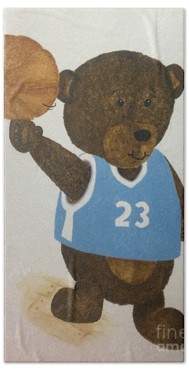 Kids Beach Towel featuring the painting Benny bear basketball by Tamir Barkan