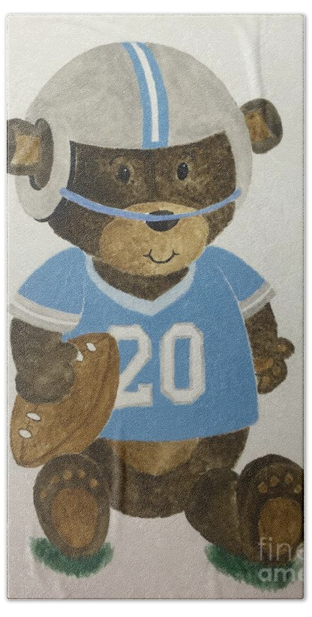 Kids Beach Sheet featuring the painting Benny bear football by Tamir Barkan