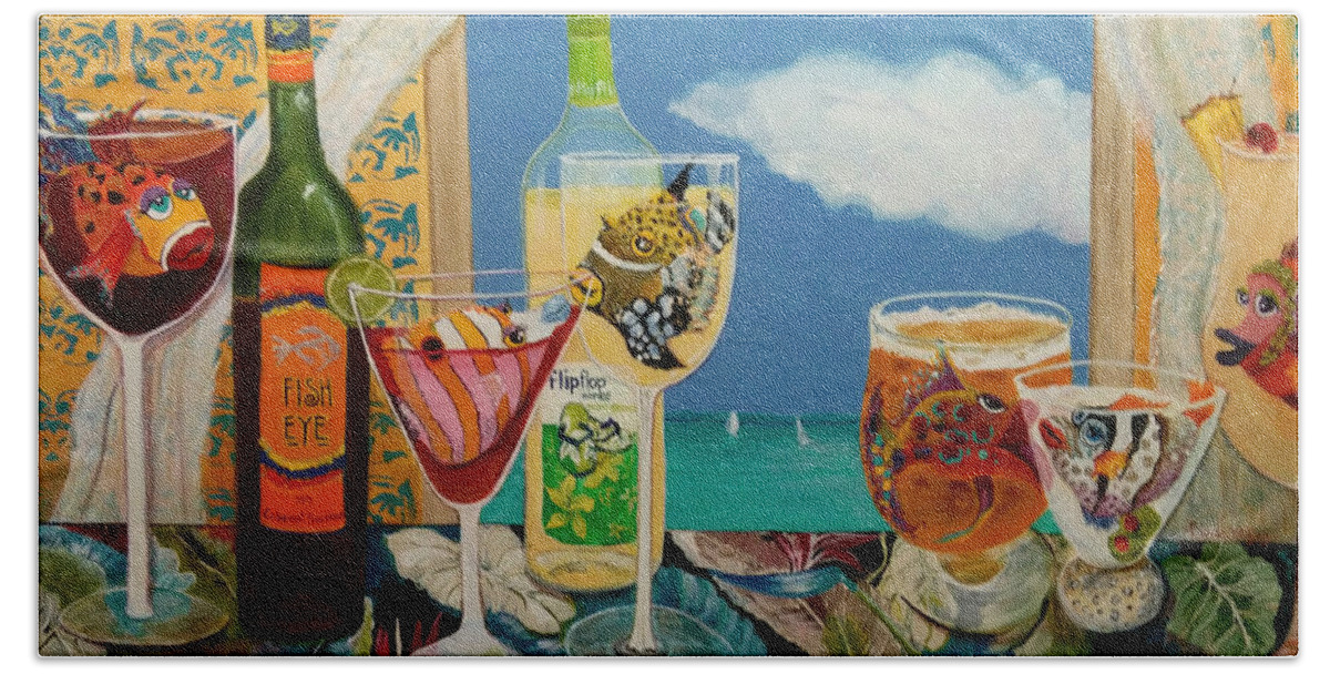 Cocktails Beach Towel featuring the painting BestFINS at the Beach House by Linda Kegley