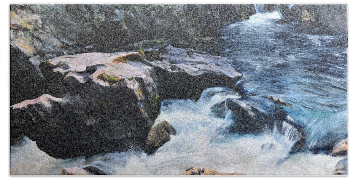 Landscape Beach Towel featuring the painting Betws-y-Coed Waterfall by Harry Robertson