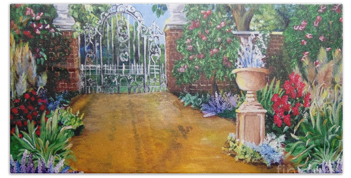 Garden Beach Towel featuring the painting Beyond the Gate by Saundra Johnson