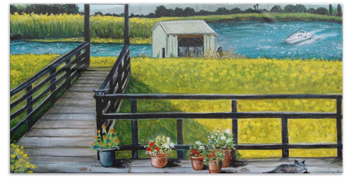 Landscape Beach Sheet featuring the painting Beyond The Levee by Elizabeth Robinette Tyndall