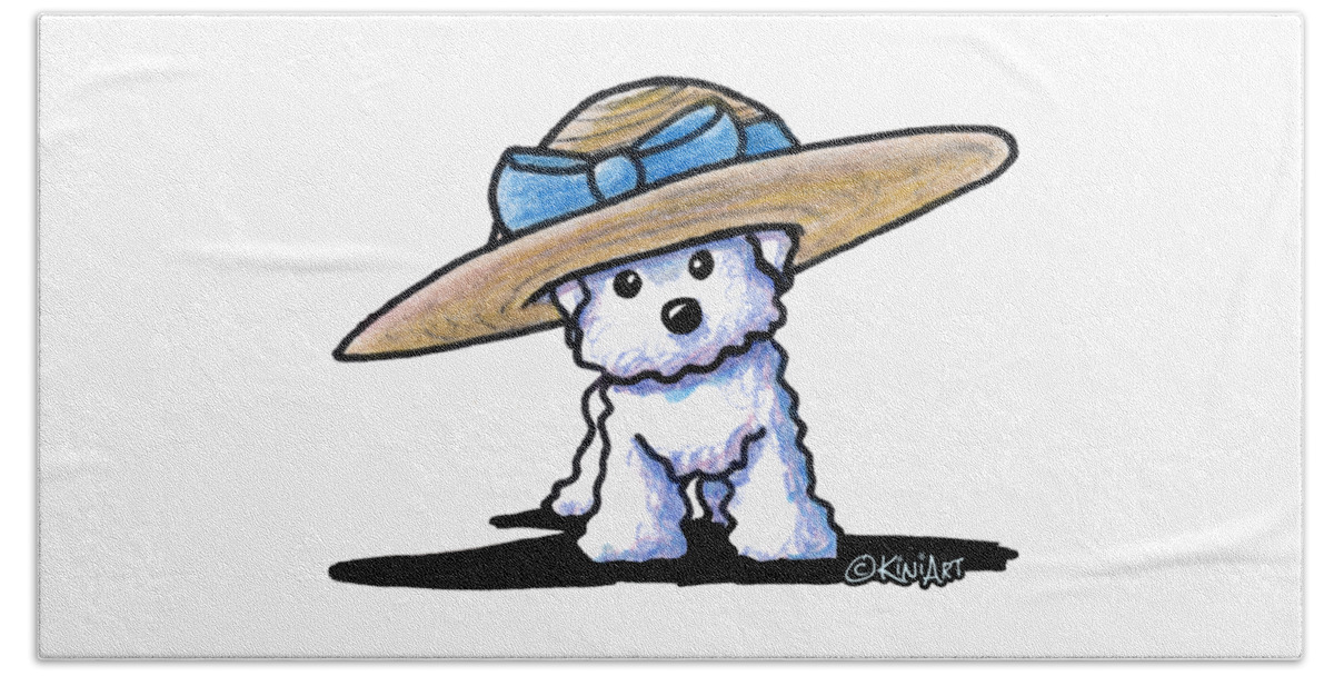 Bichon Beach Towel featuring the drawing Bichon In Hat by Kim Niles aka KiniArt