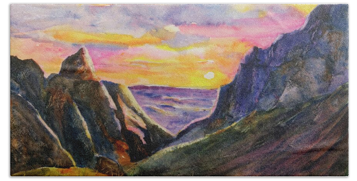 Big Bend Beach Towel featuring the painting Big Bend Texas Window Trail Sunset by Carlin Blahnik CarlinArtWatercolor