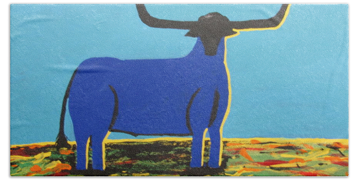 Pop Art Beach Sheet featuring the painting Big Blue Bull by Jeffrey Koss