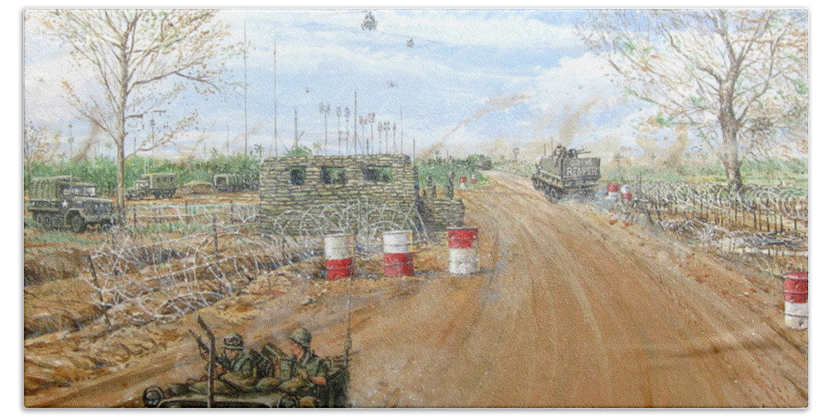 1st Infantry Division Beach Towel featuring the painting Big Red One Main Gate Di An Vietnam 1965 by Bob George
