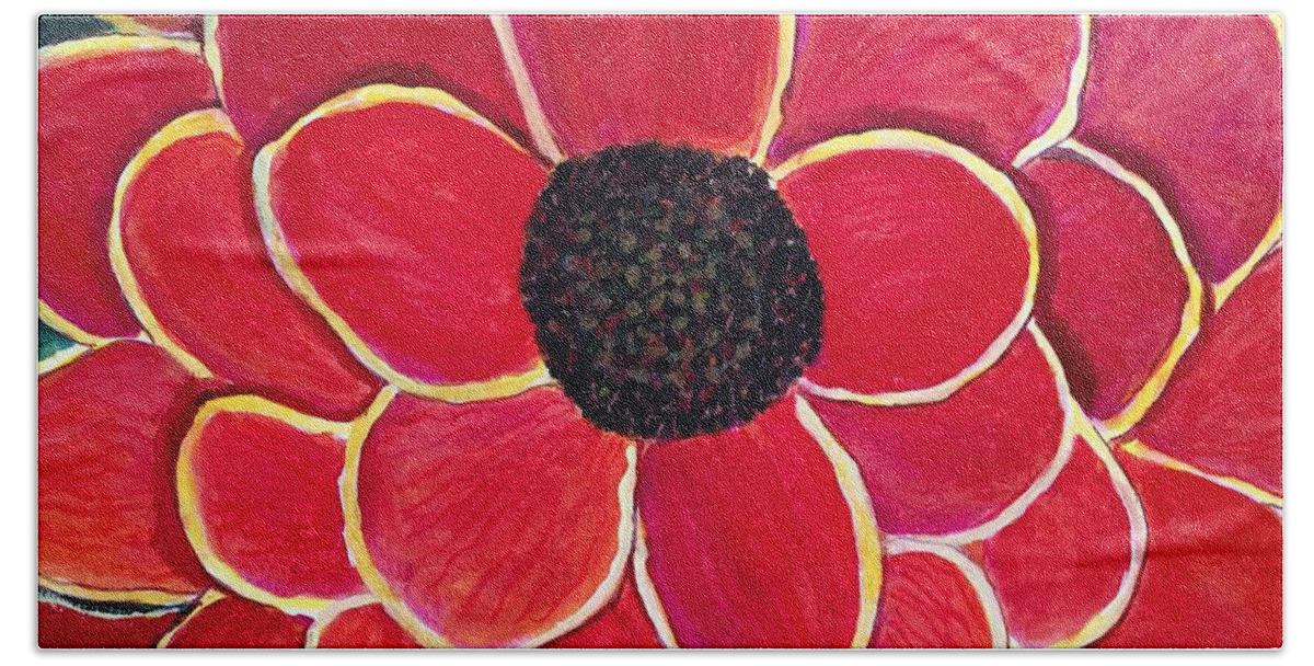 Red Flower Beach Towel featuring the painting Big red zinnia flower by Anne Sands
