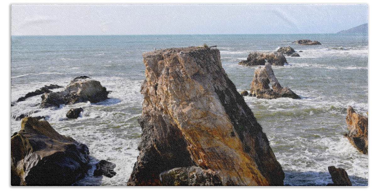  Barbara Snyder Beach Towel featuring the photograph Big Rocks in Grey Water by Barbara Snyder