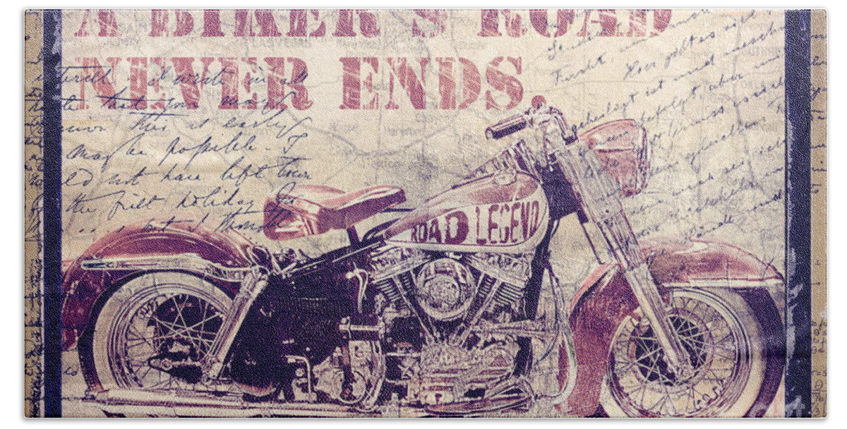Mancave Beach Towel featuring the painting Biker's Road Never Ends by Mindy Sommers