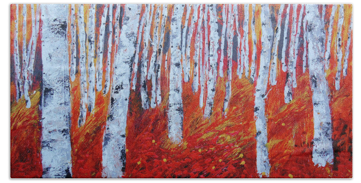 Birch Tree Landscape Forest Woods Fall Autumn Bright Colours Beach Towel featuring the painting Birch in Gold by Leon Zernitsky