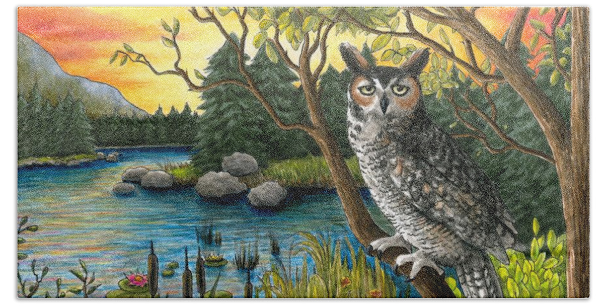Bird Beach Towel featuring the painting Bird 68 Owl by Lucie Dumas