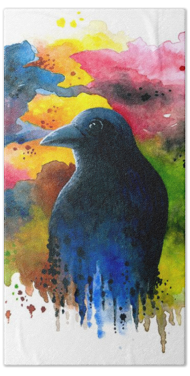 Bird Beach Towel featuring the painting Bird 71 Crow Raven by Lucie Dumas