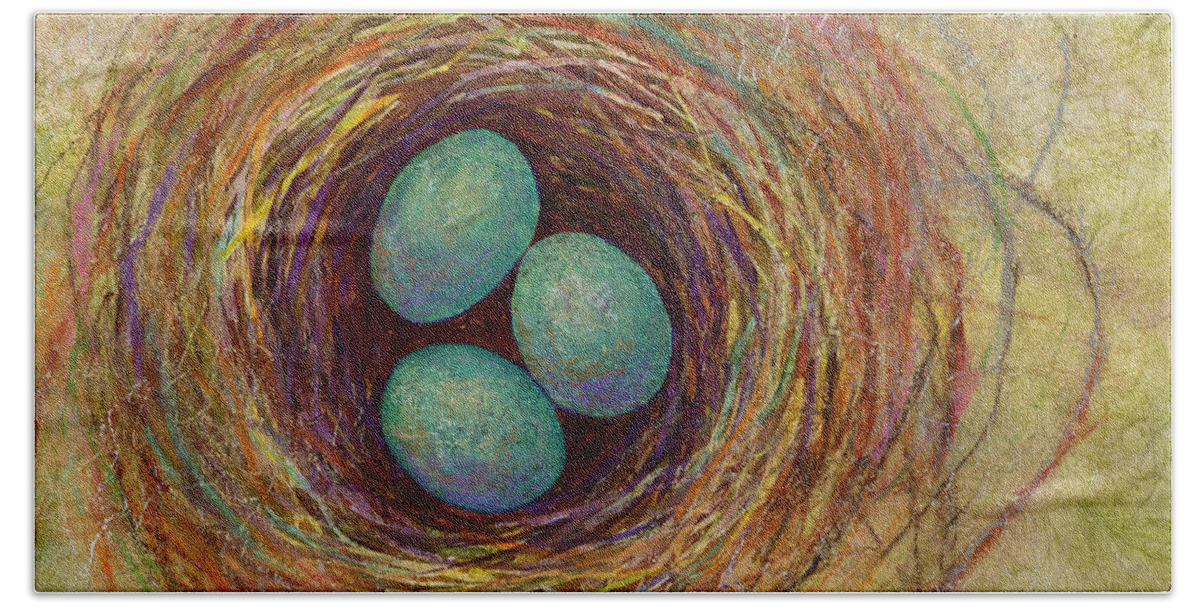 Eggs Beach Towel featuring the painting Bird Nest by Hailey E Herrera