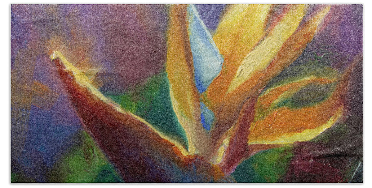 Tropical Flowers Beach Sheet featuring the painting Bird of Paradise - Tropical Hawaiian Flowers by K Whitworth