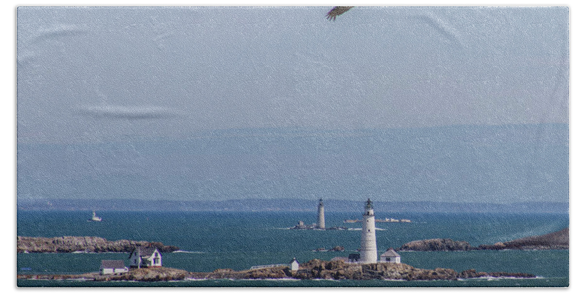Boston Beach Sheet featuring the photograph Bird over Boston and Graves Lighthouses by Brian MacLean