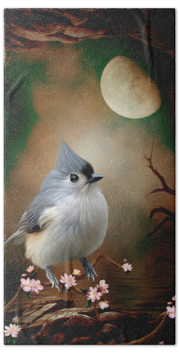 Bird -stunning Titmouse In The Moonlight Beach Towel featuring the digital art Bird - Titmouse in the moonlight by John Junek