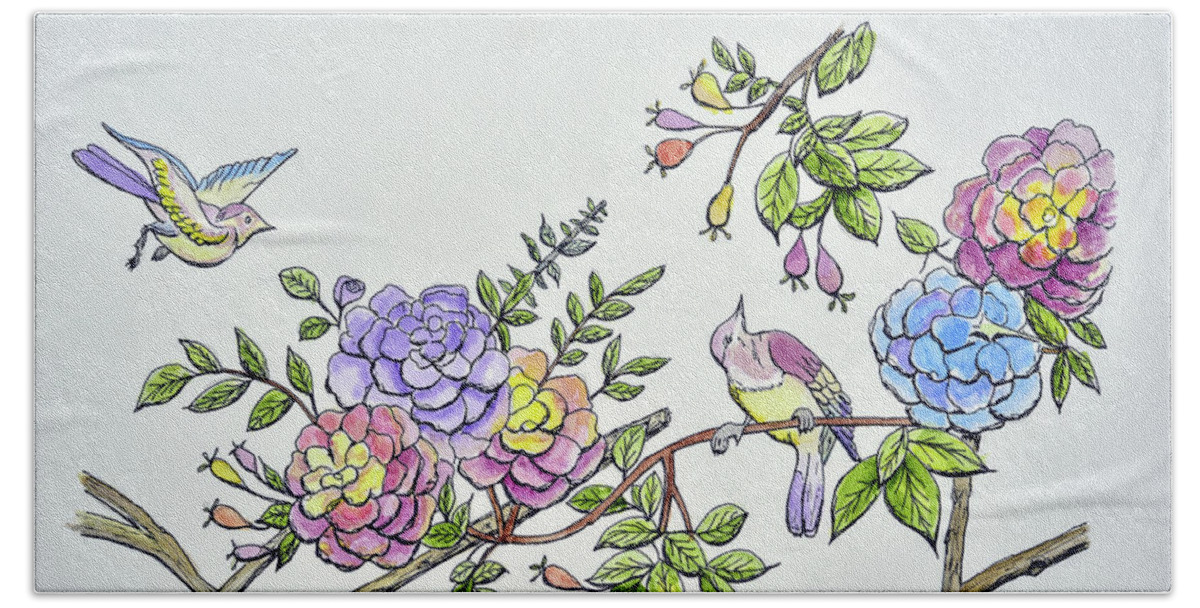 Linda Brody Beach Towel featuring the painting Birds and Roses I by Linda Brody