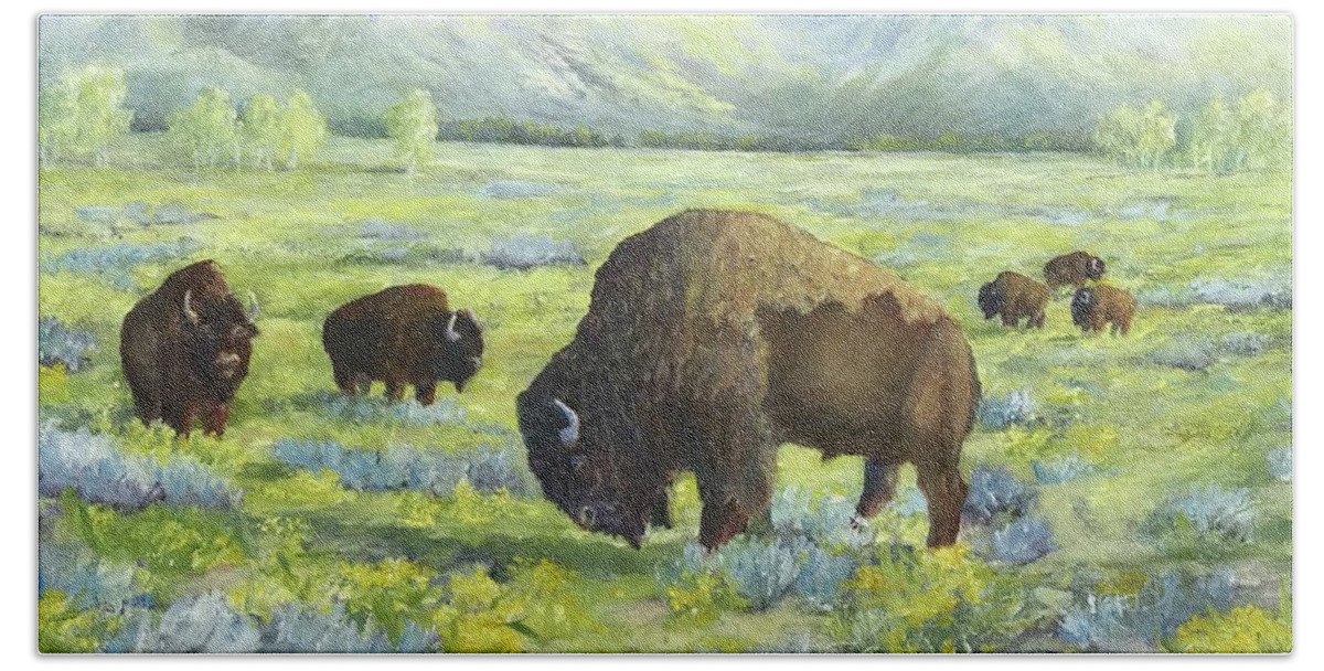 Tetons Beach Towel featuring the painting Bison of Yellowstone by ML McCormick