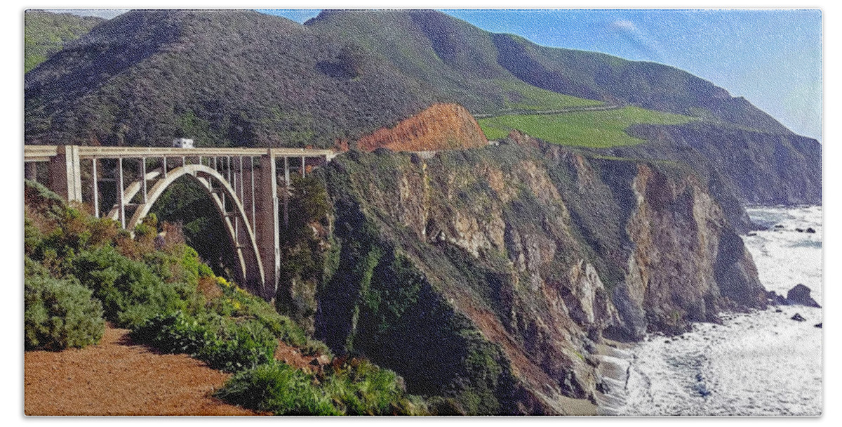 Photography By Suzanne Stout Beach Towel featuring the photograph Bixby Bridge at Big Sur by Suzanne Stout