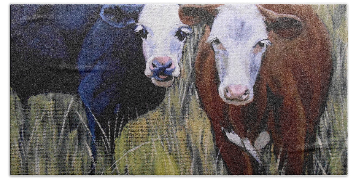 Cow Beach Towel featuring the painting Black and Brown Cow by Christopher Shellhammer
