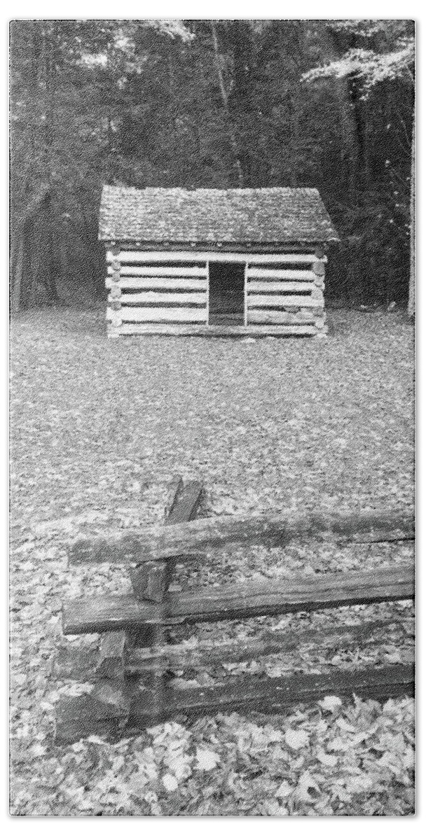 Cades Cove Beach Towel featuring the photograph Black And White Cabin by Phil Perkins