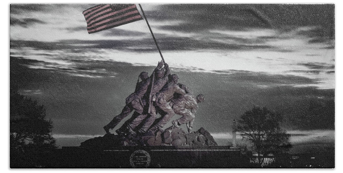 America Beach Towel featuring the photograph Black and White photo of Iwo Jima Memorial in DC by Steven Heap