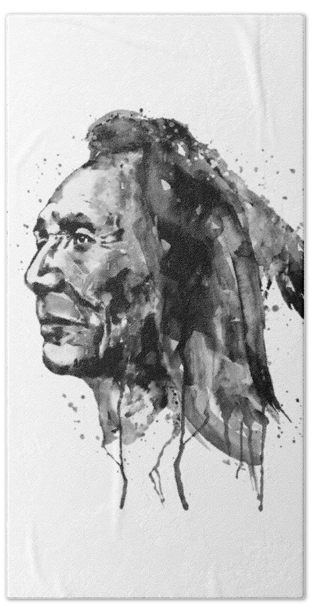 Sioux Beach Towel featuring the painting Black and White Sioux Warrior Watercolor by Marian Voicu