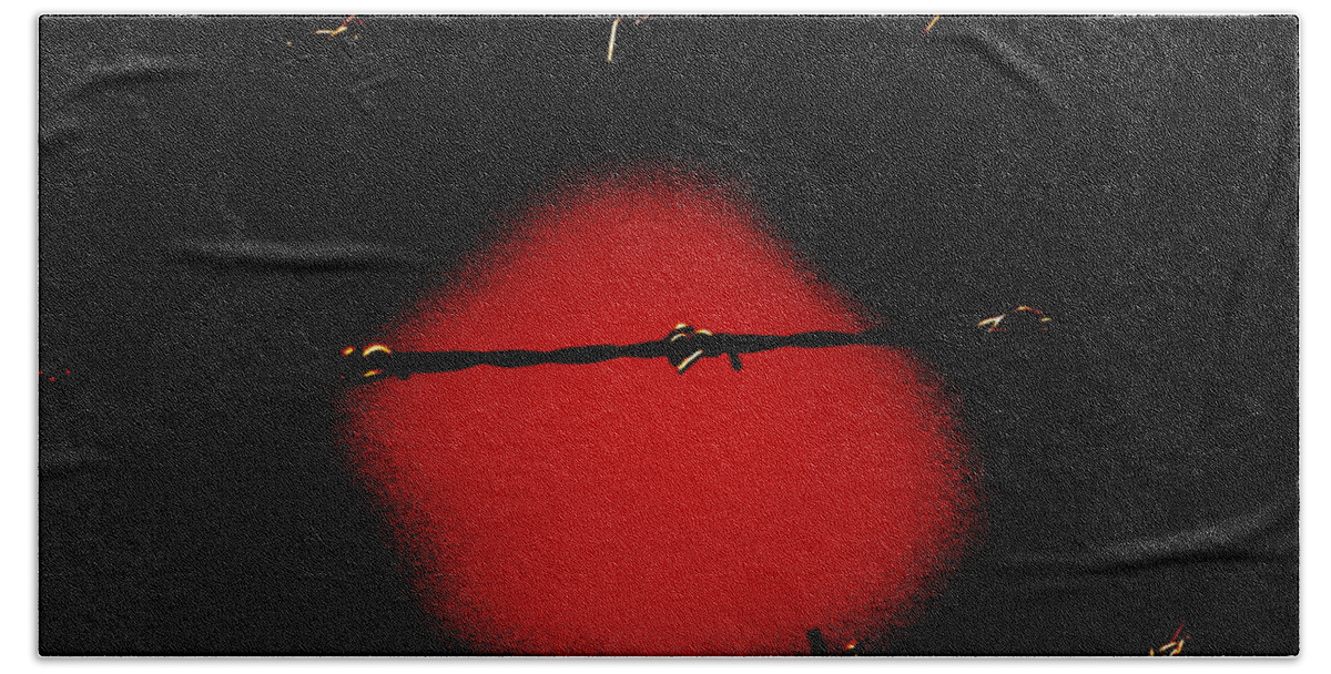 Prison Break Beach Towel featuring the photograph Black Barbed Wire over Black and Blood Red Background Eerie Imprisonment Scene by Colleen Cornelius