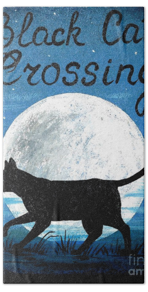 Print Beach Towel featuring the painting Black Cat Crossing by Margaryta Yermolayeva