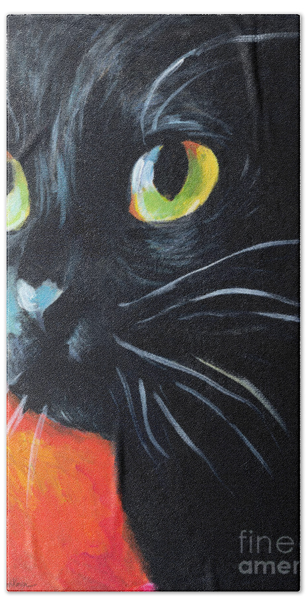 Black Cat Beach Towel featuring the painting Black cat painting portrait by Svetlana Novikova