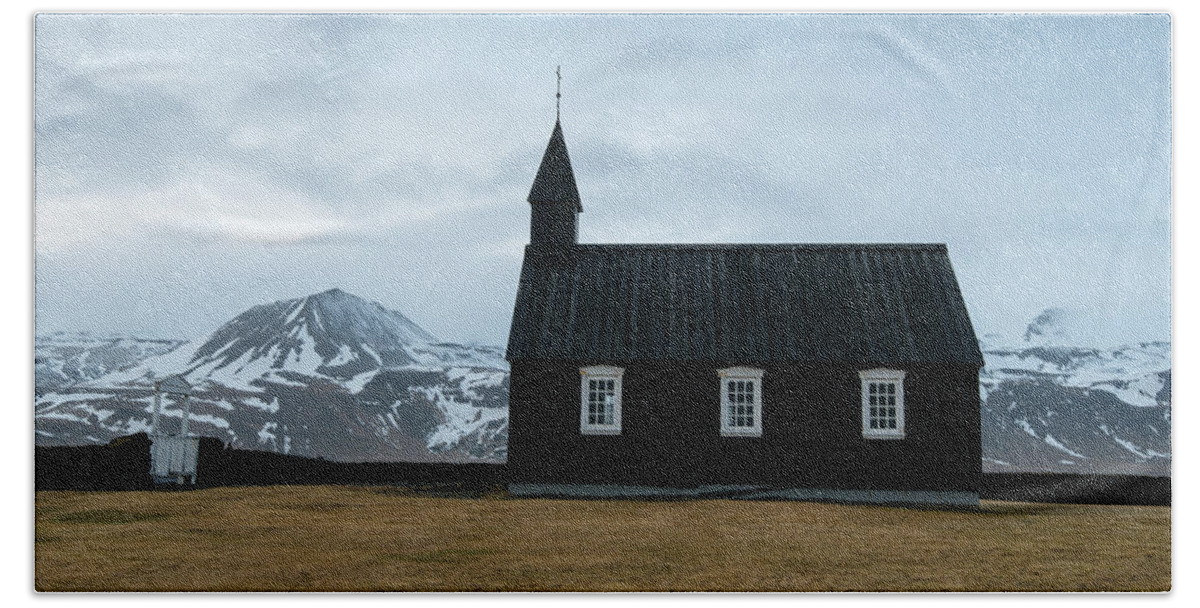 Budir Church Beach Towel featuring the photograph Black church of Budir, Iceland by Michalakis Ppalis