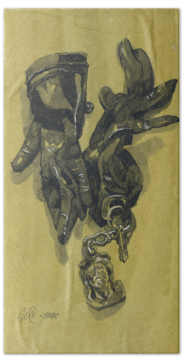 Igor Sakurov Beach Towel featuring the painting Black Gloves and Bibelot. Paradox Still Life by Igor Sakurov