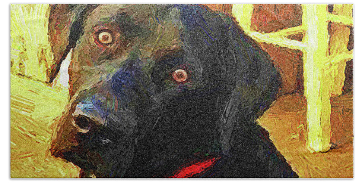 Black Labrador Beach Sheet featuring the painting Black Lab Wants to Go For a Walk by Joseph J Stevens